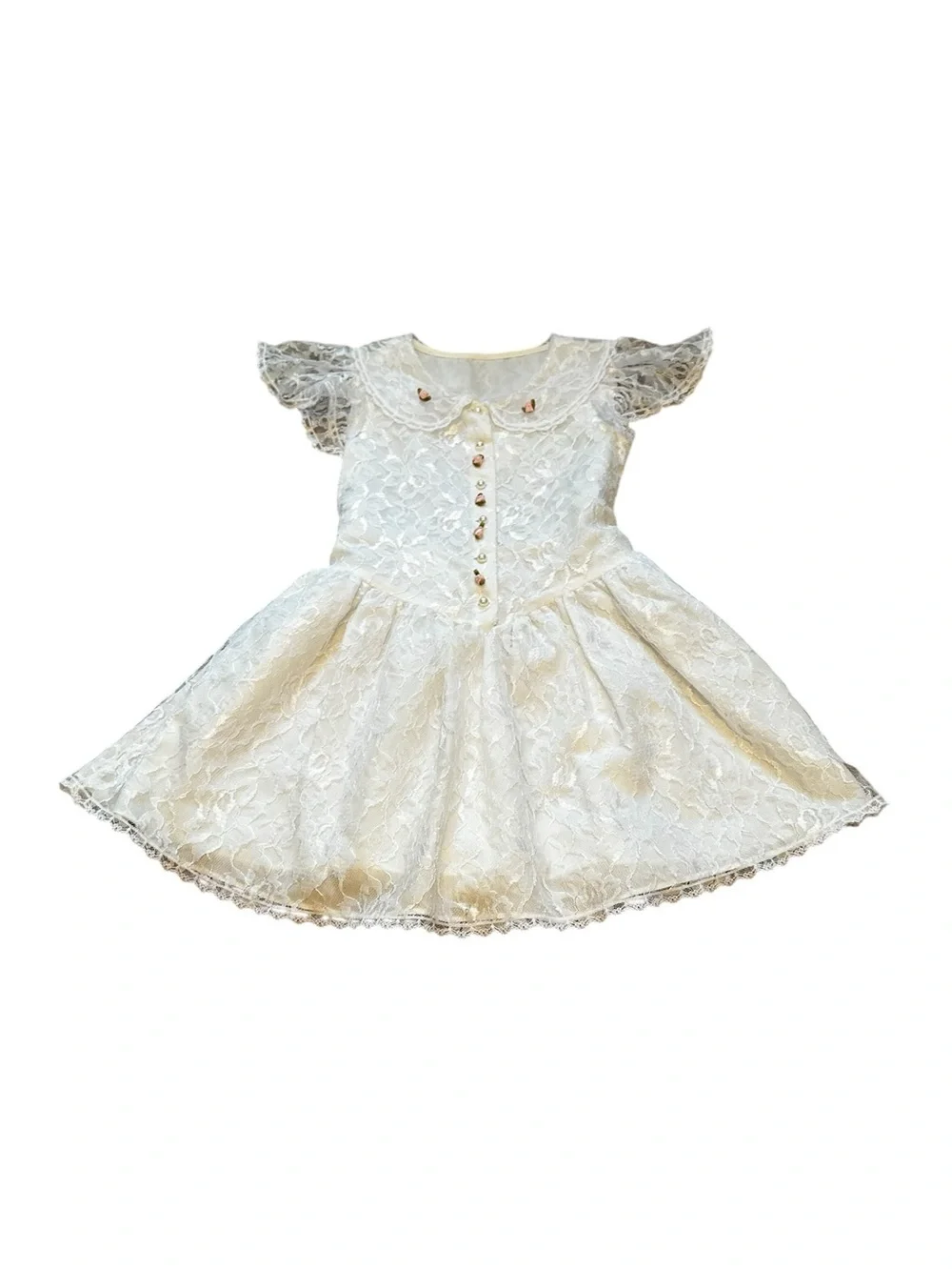Vintage Girls White Lace Basque Waist Dress Rosettes Party Flower Girl Wedding